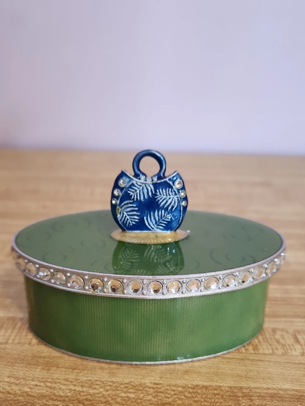 Green Enameled Metal Trinket Box decorated with rhinestones